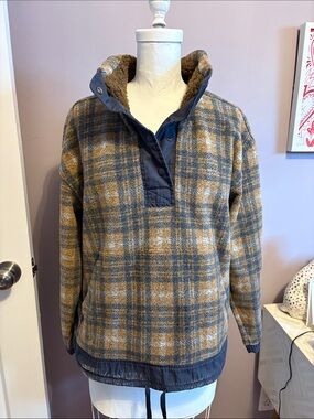 REI Plaid Pullover Fleece in Mustard Yellow and Slate Blue